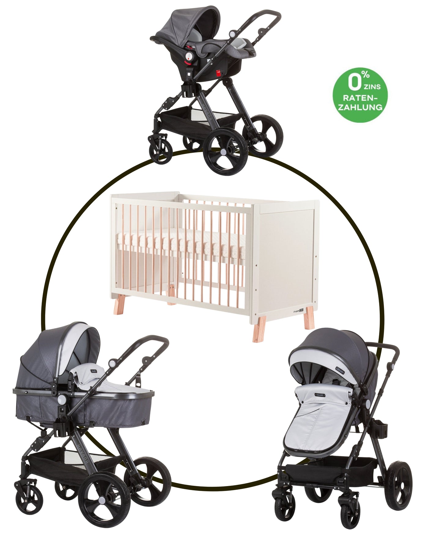 BUNDLE SET NUMMER 5: 3-in-1 Kinderwagen „HAVANA LIGHT GREY“ + BABYBETT AVA 120cm X 60cm inkl. Matratze
