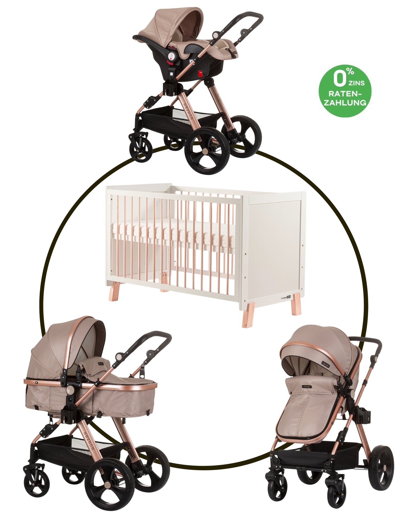 BUNDLE SET NUMMER 3: 3-in-1 Kinderwagen „HAVANA BEIGE“ + BABYBETT AVA 120cm X 60cm inkl. Matratze