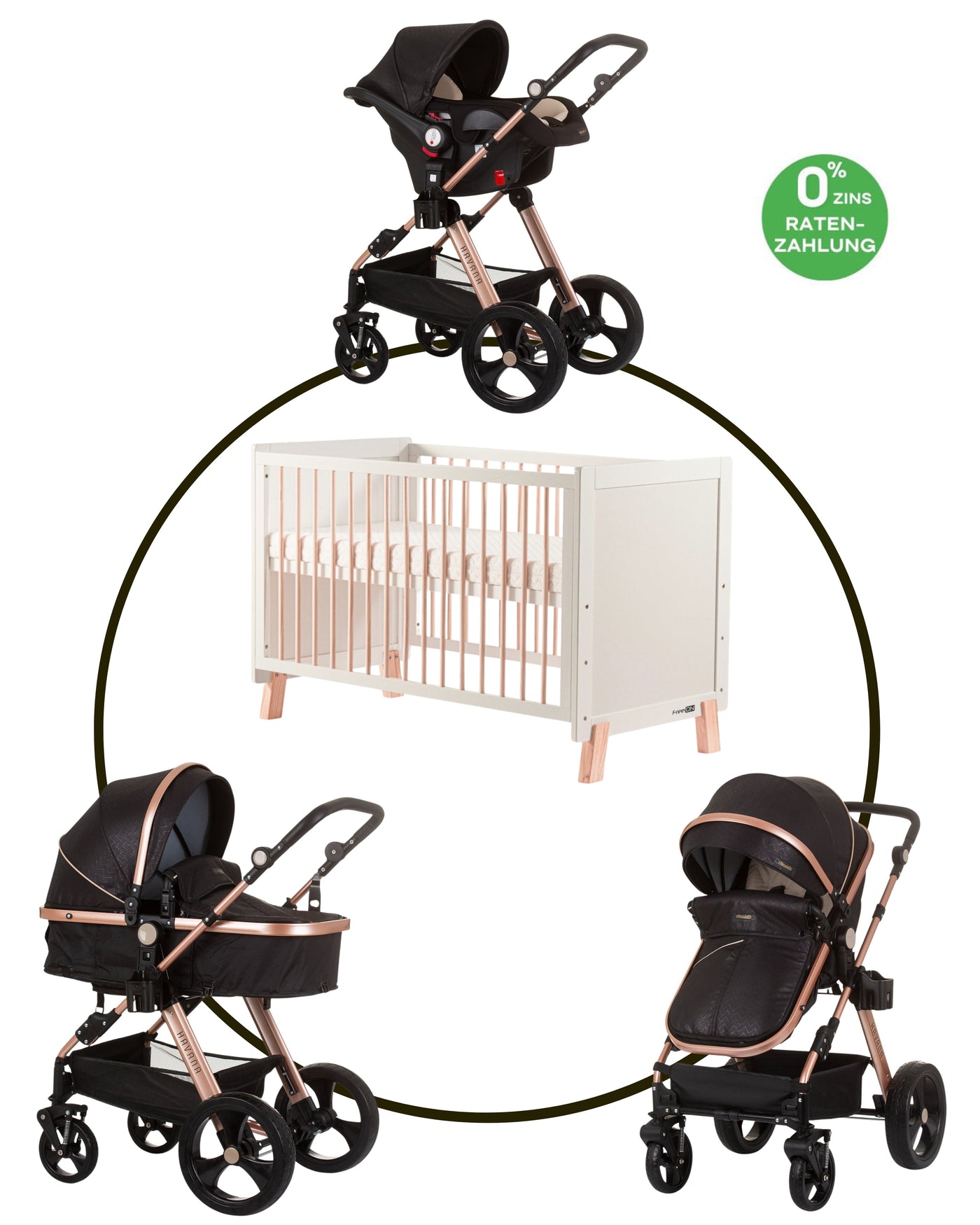 BUNDLE SET NUMMER 2: 3-in-1 Kinderwagen „HAVANA BLACK“ + BABYBETT AVA 120cm X 60cm inkl. Matratze