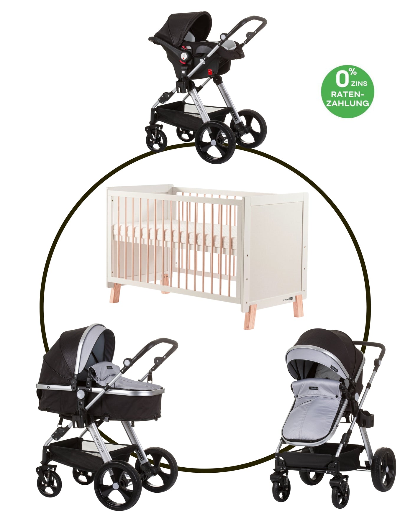 BUNDLE SET NUMMER 6: 3-in-1 Kinderwagen „HAVANA DARK GREY“ + BABYBETT AVA 120cm X 60cm inkl. Matratze