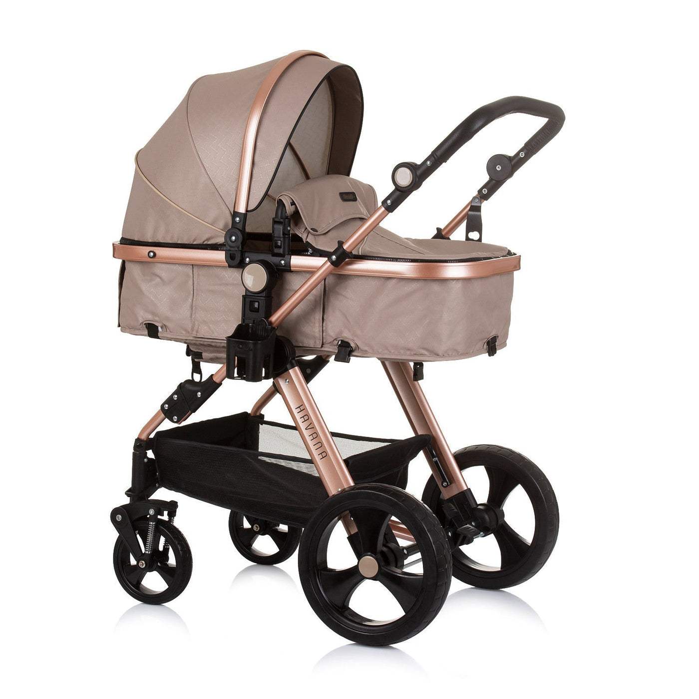 BUNDLE SET NUMMER 3: 3-in-1 Kinderwagen „HAVANA BEIGE“ + BABYBETT AVA 120cm X 60cm inkl. Matratze