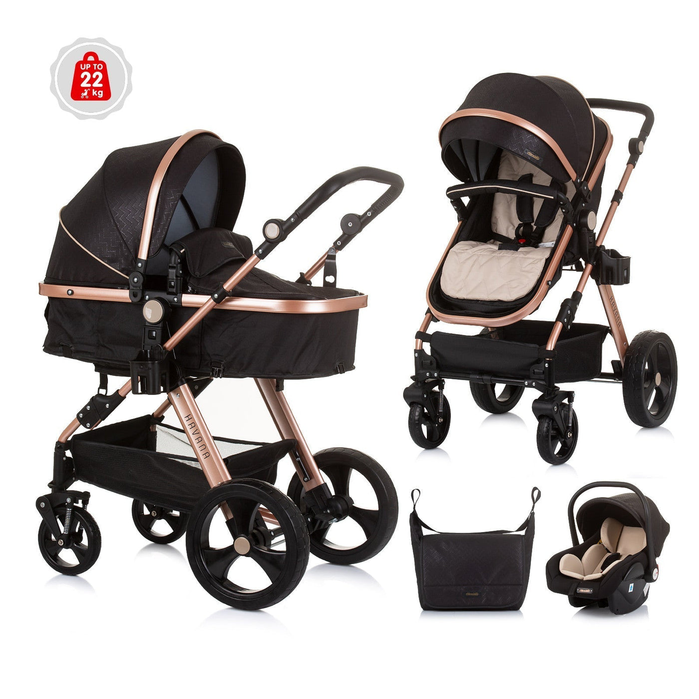 BUNDLE SET NUMMER 2: 3-in-1 Kinderwagen „HAVANA BLACK“ + BABYBETT AVA 120cm X 60cm inkl. Matratze