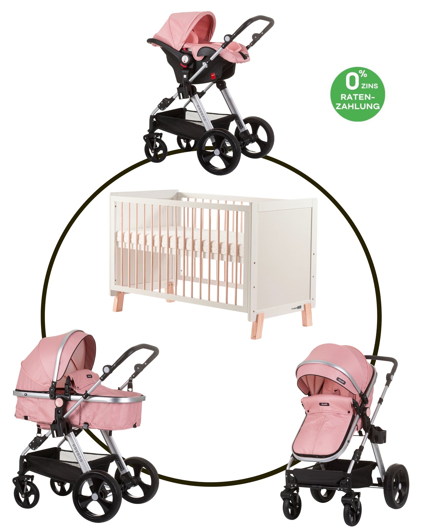 BUNDLE SET NUMMER 4: 3-in-1 Kinderwagen „HAVANA PINK“ + BABYBETT AVA 120cm X 60cm inkl. Matratze